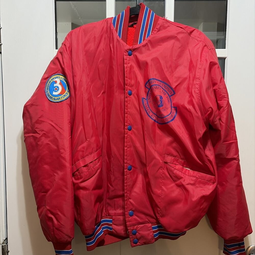 Vintage 80s Dunbrooke Satin Nylon Bomber Jacket Red Air Force Patches USAF Sport
